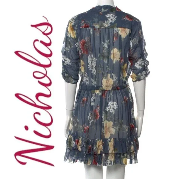 NWT NICHOLAS 100% Silk Floral Ruffled Mini Dress,‎ Size 8 - Picture 7 of 12